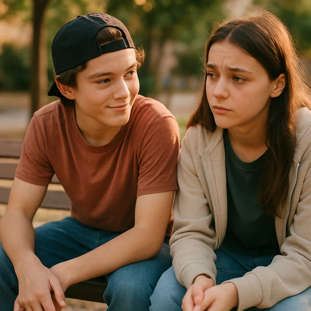 Teenager listening attentively to a friend, showing care and empathy