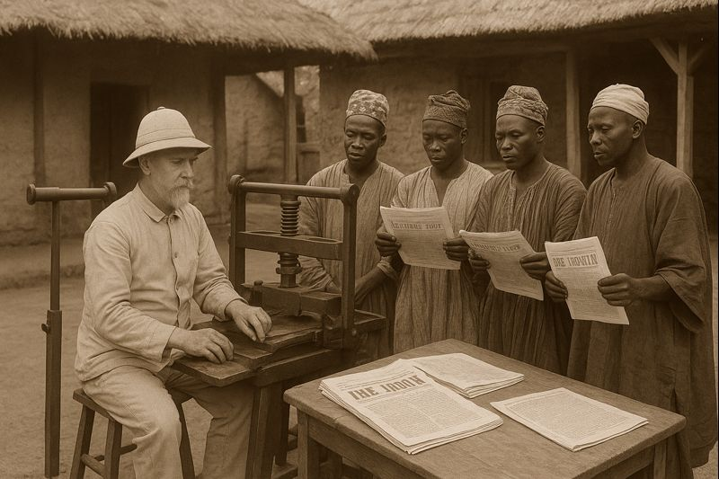 Nigerian journalism history showing Egba readers engaging with Iwe Irohin at an early printing press in Abeokuta
