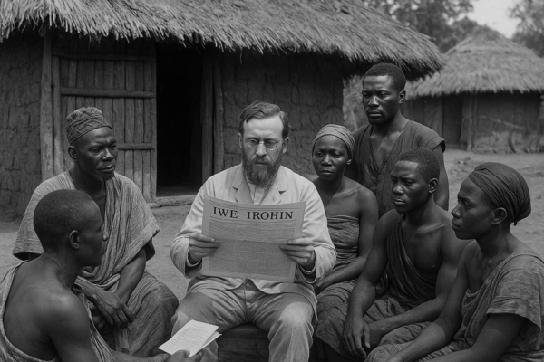 Nigerian journalism history showing community members listening as Iwe Irohin is read aloud in a 19th-century Yoruba settlement