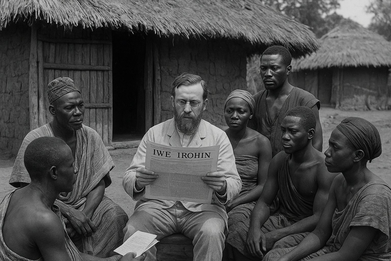 Nigerian journalism history showing community members listening as Iwe Irohin is read aloud in a 19th-century Yoruba settlement