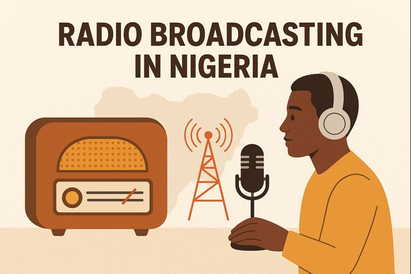 Radio Broadcasting in Nigeria showing the evolution from colonial radio transmitters to modern Nigerian radio studios and broadcasters