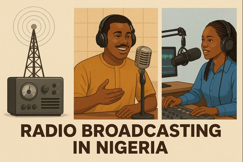 Radio broadcasting in Nigeria illustrating public participation through broadcasters, transmitters, and community engagement across different eras.