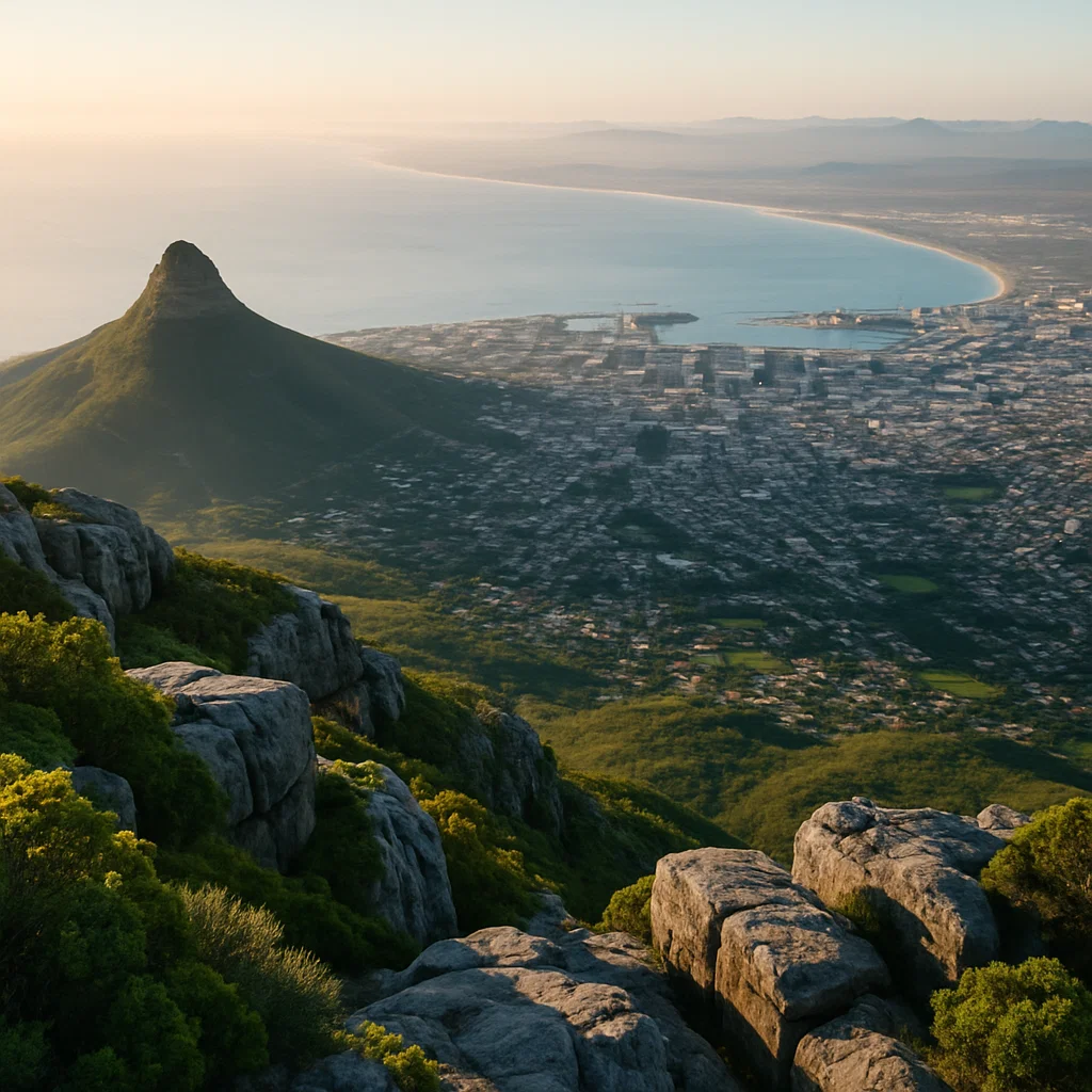 View of Cape Town from Table Mountain, showing the city, coastline, and natural surroundings in the early morning light.