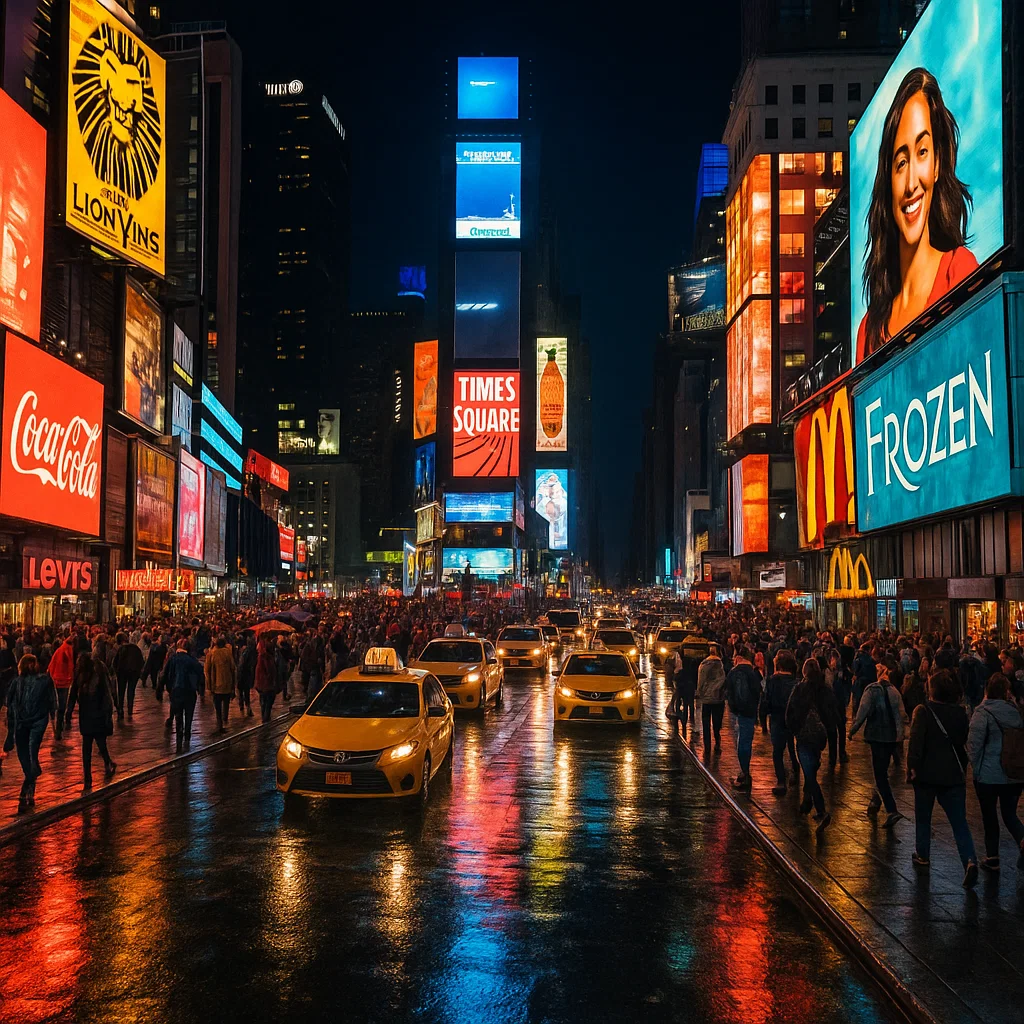 Times Square in New York City at night, with bright billboards, busy streets, and bustling crowds.