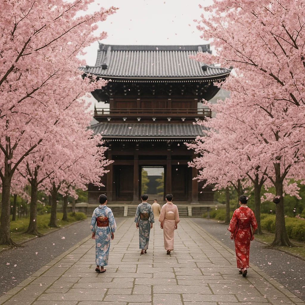 Traditional Kyoto temple surrounded by blooming cherry blossom trees with visitors walking in kimonos.