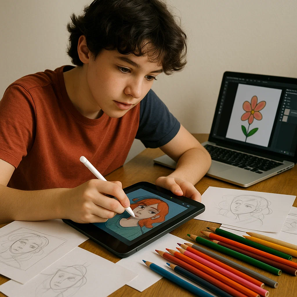 Teen learning digital art online, representing creativity and lifelong learning.