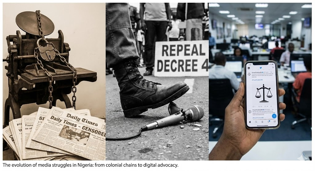 A three-panel photograph depicting the evolution of Nigerian media history and press freedom challenges: the left panel shows a chained antique printing press with censored newspapers; the middle panel shows a military boot crushing a microphone next to a "REPEAL DECREE 4" sign; the right panel shows a smartphone displaying digital advocacy icons in a modern newsroom.