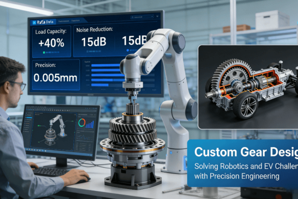 Engineer using CAD software to design custom gears for robotics and electric vehicles, with dashboard showing 40% load capacity increase, 15dB noise reduction, and ±0.005mm precision metrics.