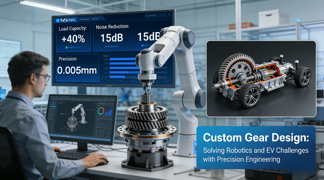 Engineer using CAD software to design custom gears for robotics and electric vehicles, with dashboard showing 40% load capacity increase, 15dB noise reduction, and ±0.005mm precision metrics.