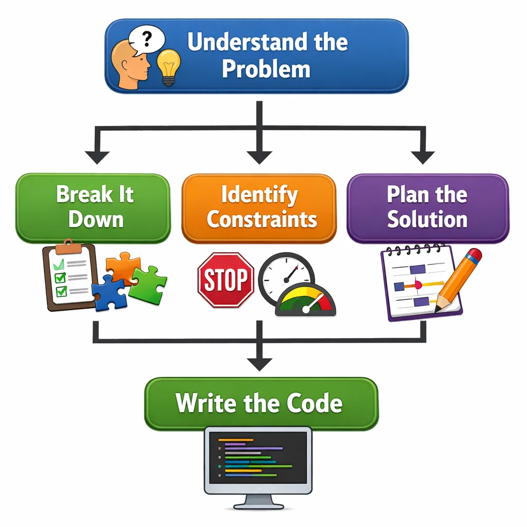 Flowchart illustrating the problem-solving process in programming: Understand the problem, break it down, identify constraints, and plan the solution.