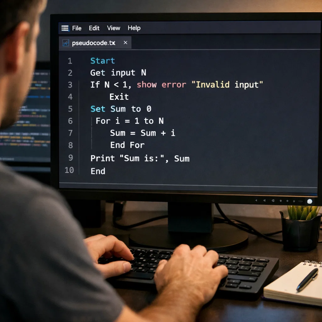 Image of pseudocode written in a text editor to calculate the sum of integers from 1 to N, showing logical steps before coding.