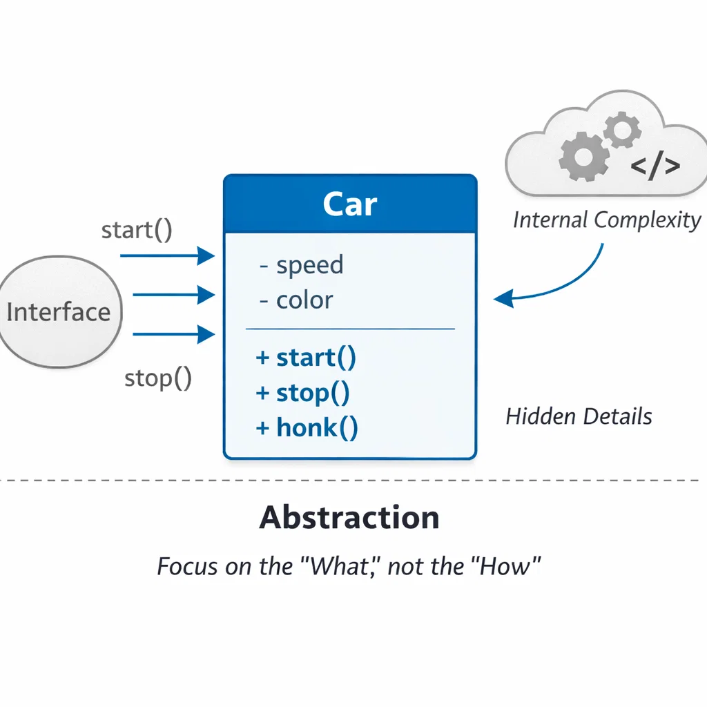 Class diagram representing abstraction in object-oriented programming, showing the high-level view of a Car class without implementation details