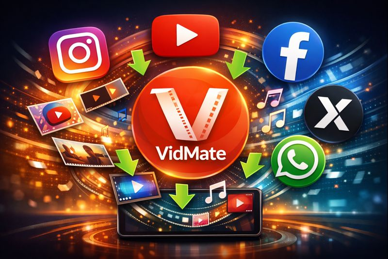 VidMate multi-platform downloader supporting Instagram, YouTube, Facebook, Twitter, and WhatsApp.