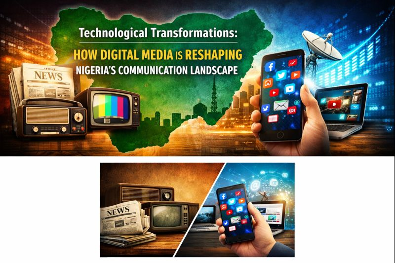 Nigeria Digital Communication showing a modern connected landscape with journalists, smartphones, social media icons, and advanced digital tools highlighting technological transformation in media environment.