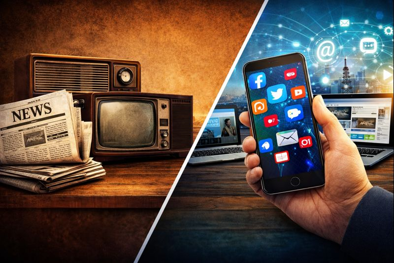 Nigeria Digital Communication illustrating the contrast between traditional media and modern digital communication platforms, showcasing how technology is transforming information sharing in Nigeria.