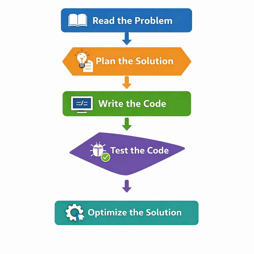 Flowchart illustrating the stages of solving a programming problem: Understanding the problem, planning, coding, testing, and optimizing.