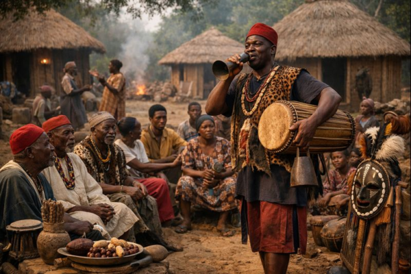 Traditional African communication systems illustrated through a village town crier addressing a gathered community with drums, horns, elders, and symbolic cultural artifacts, reflecting indigenous media, governance, storytelling, and communal unity in an African rural setting.