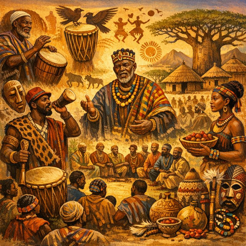 A vibrant illustration of traditional African communication systems showing a community gathering under a baobab tree, with a chief addressing people, a town crier blowing a horn, drummers playing talking drums, symbolic masks, ritual objects, and villagers engaged in storytelling, symbolizing indigenous media, unity, culture, and communal communication.
