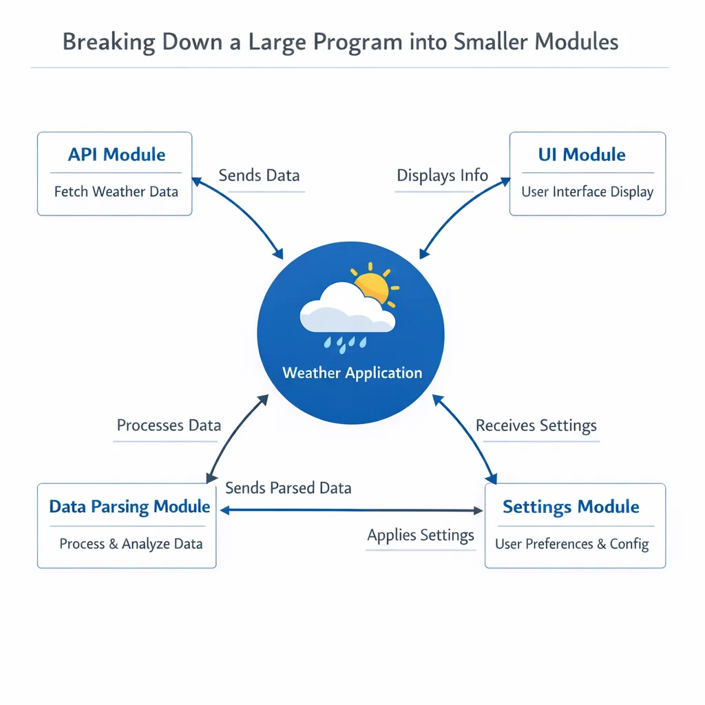 Flowchart demonstrating modular thinking in programming: breaking a complex program into smaller, independent modules.