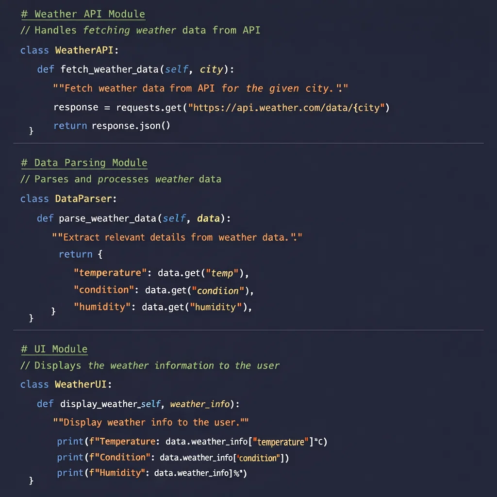Code example demonstrating modular design in a weather application with separate modules for API, data parsing, and UI.