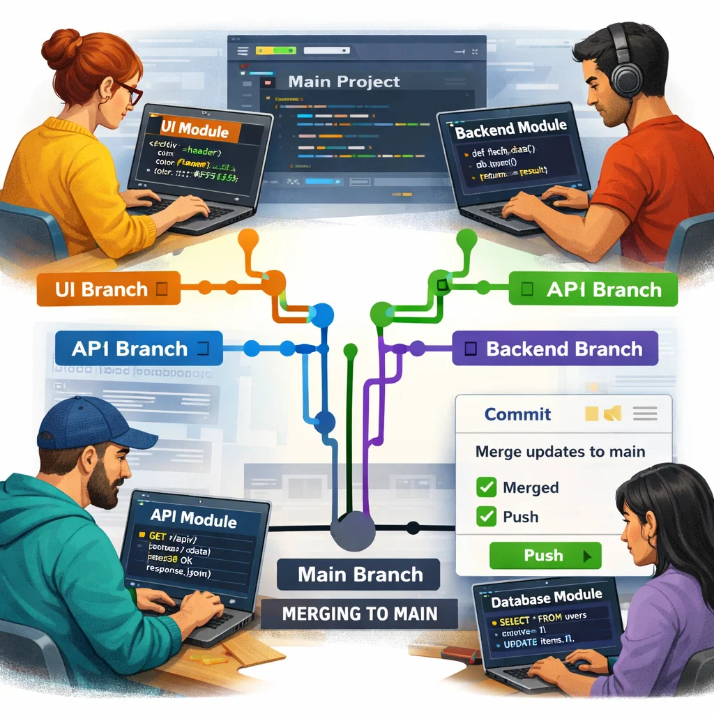 Team collaboration in programming with modular thinking: multiple developers working on different modules of a project.
