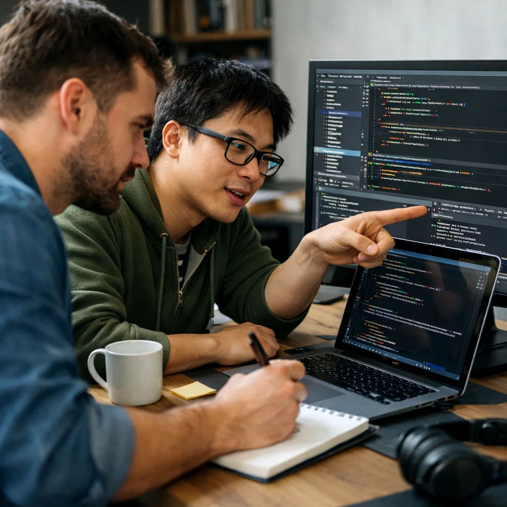 Two developers collaborating to debug code on a laptop, demonstrating teamwork in problem-solving.