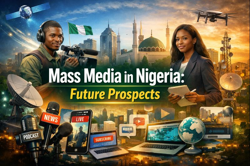 A digitally created illustration representing Nigerian mass media, featuring iconic media elements such as newspapers, microphones, laptops, and broadcast screens, symbolizing the challenges and future prospects of journalism in Nigeria.