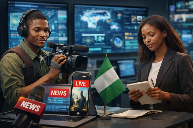 Two Nigerian journalists in a modern newsroom, one filming with a video camera and the other taking notes, surrounded by digital media devices and a small Nigerian flag, representing the dynamic and evolving landscape of mass media in Nigeria.