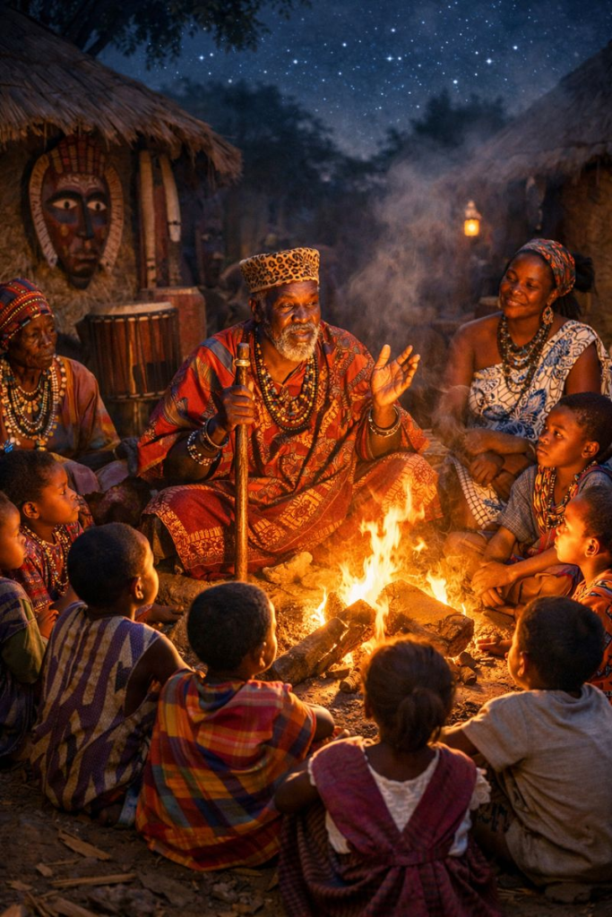 Children listening to an elder recite a folktale as Oral Tradition, with expressive gestures and engagement from the audience.