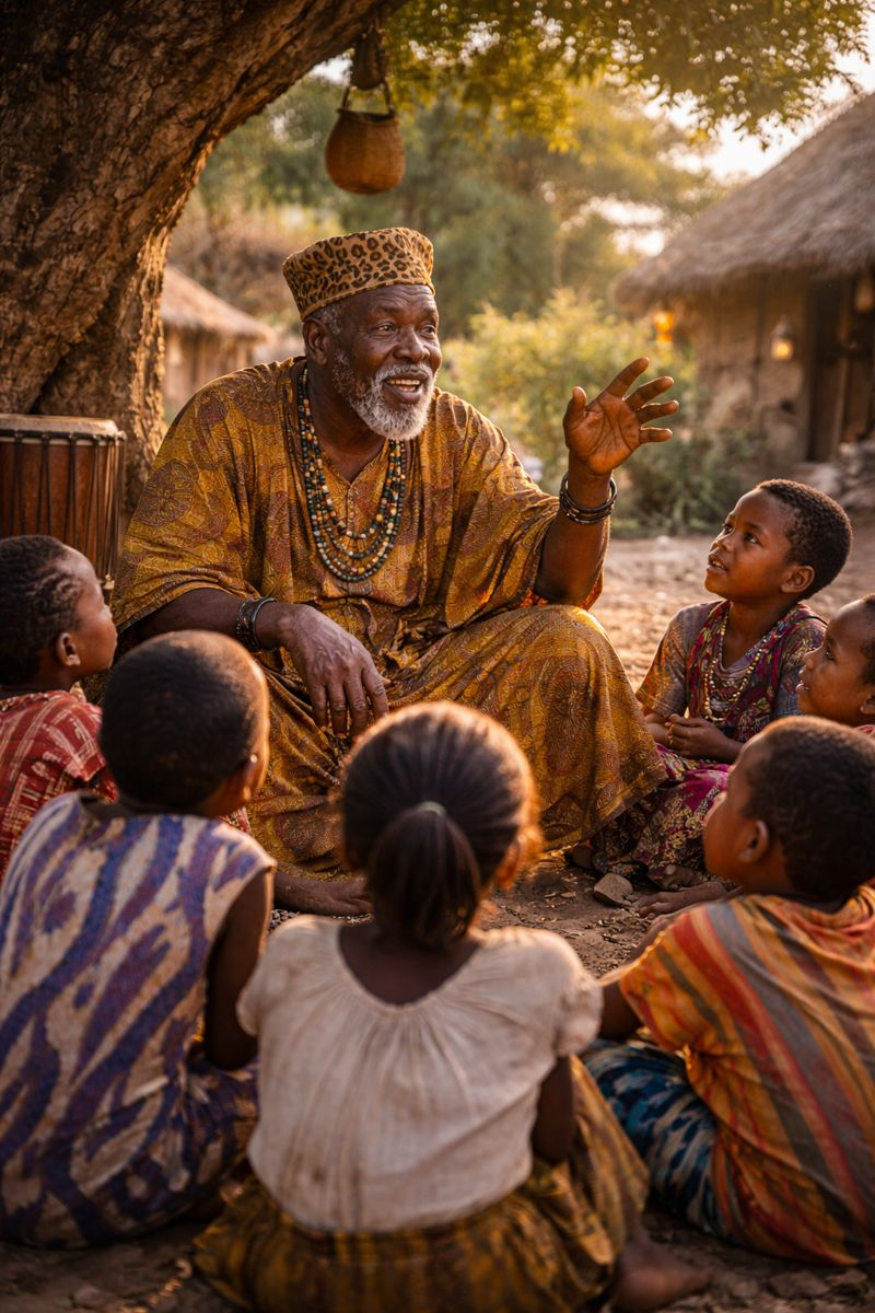 Children listening to an elder recite a folktale as oral tradition in a village setting.