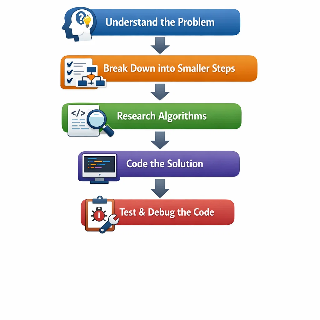 Flowchart illustrating the problem-solving process in programming: understanding, breaking down, researching algorithms, coding, and testing.
