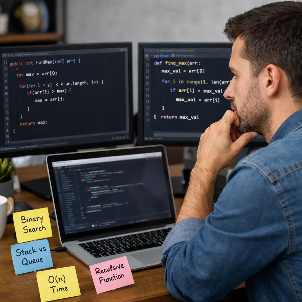 Developer switching between programming languages, with Java on one screen and Python on the other, symbolizing adaptability in problem-solving.