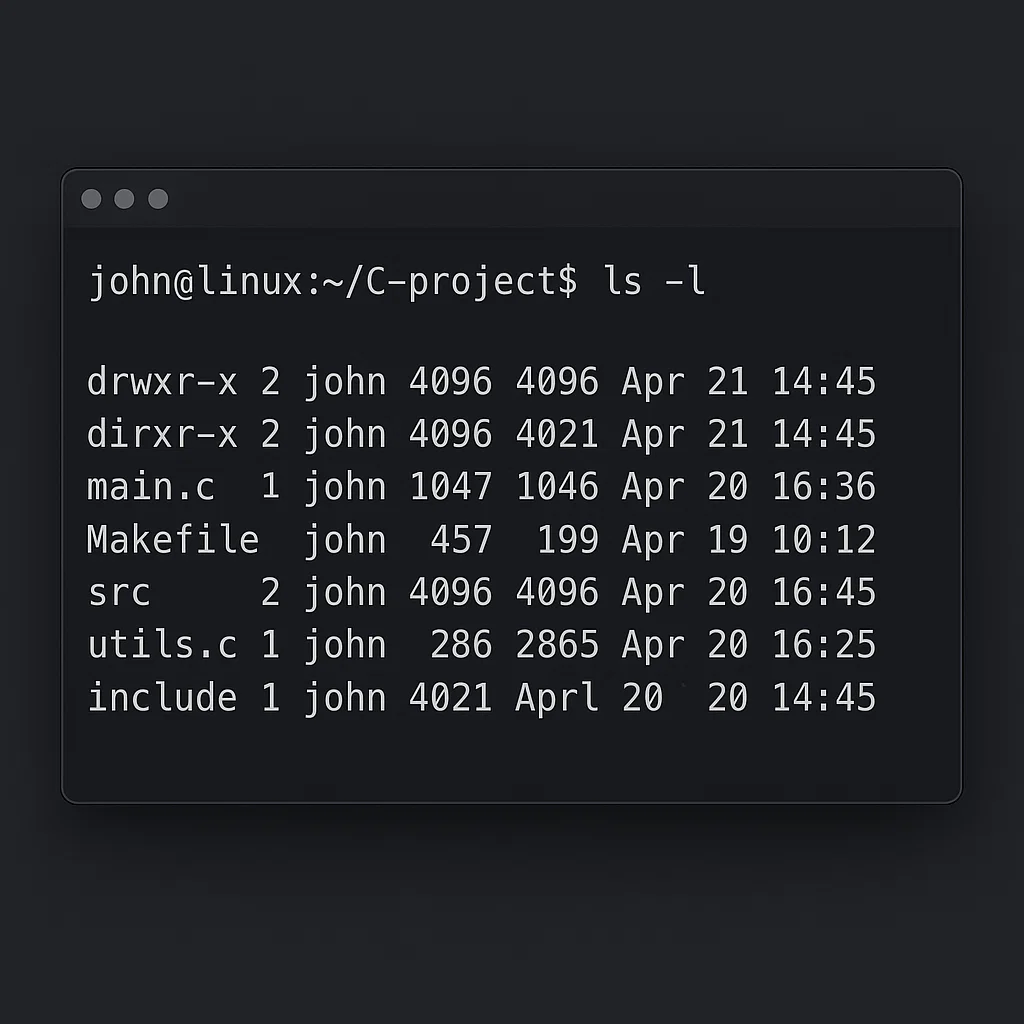Unix terminal screenshot showing ls -l command listing C project files.