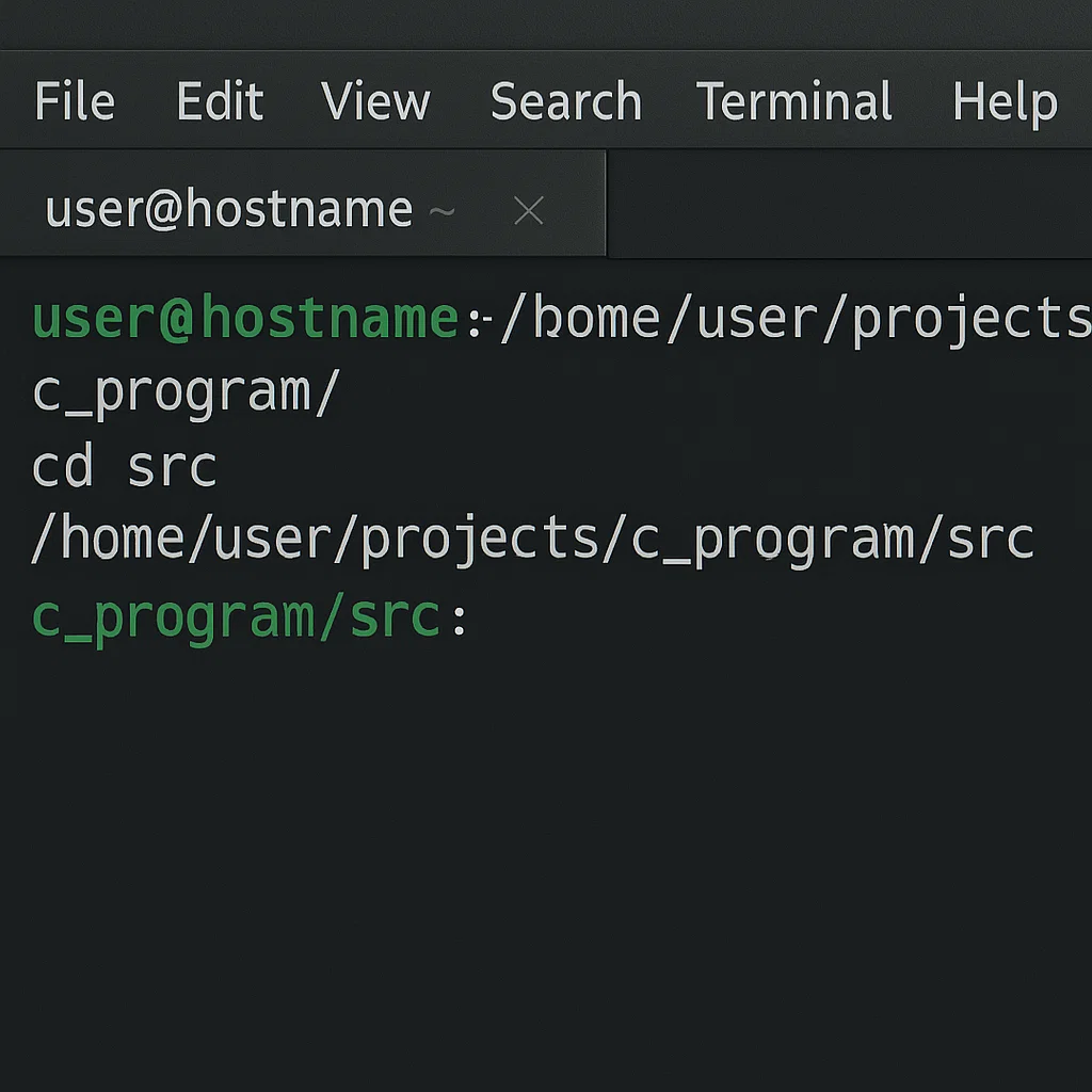 Developer using cd command in Unix terminal to navigate C project directories.