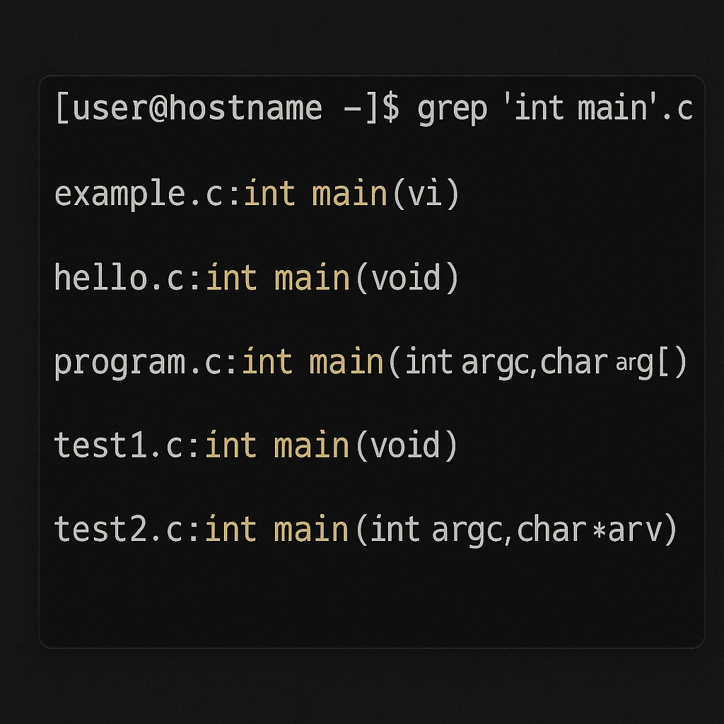 Unix terminal showing grep command highlighting matches for int main in C source files.