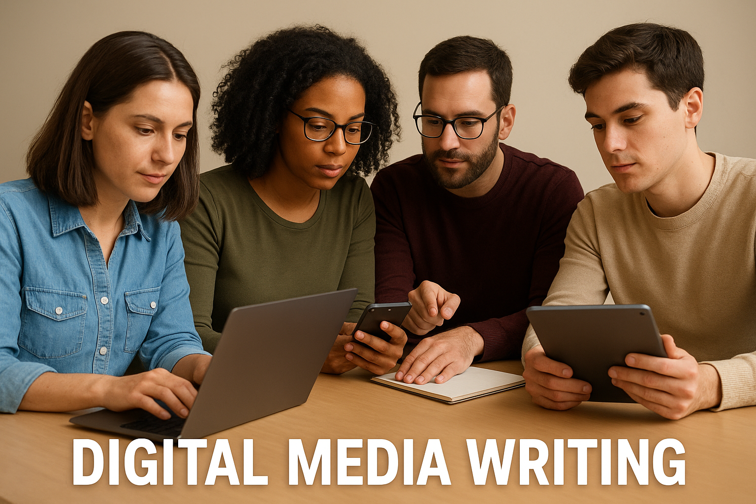 Diverse digital media writers collaborating on laptops and mobile devices while creating content for online audiences