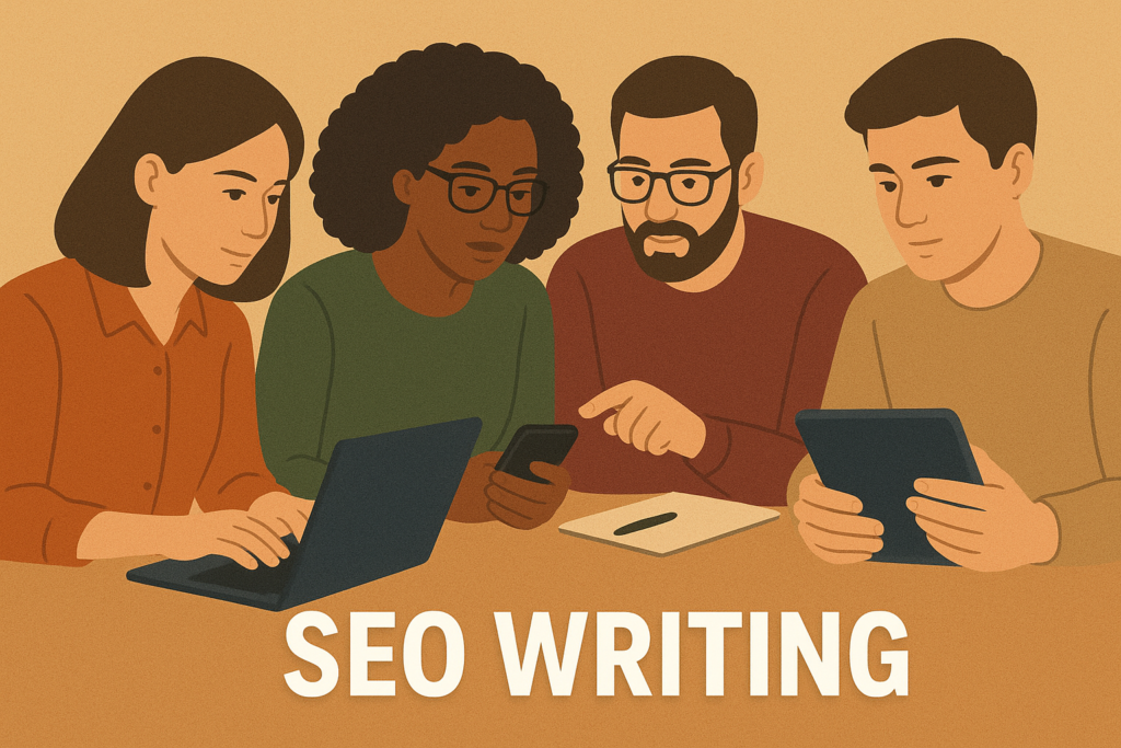 Content writers working together on SEO writing strategies using laptops, smartphones, and tablets to optimize digital media content