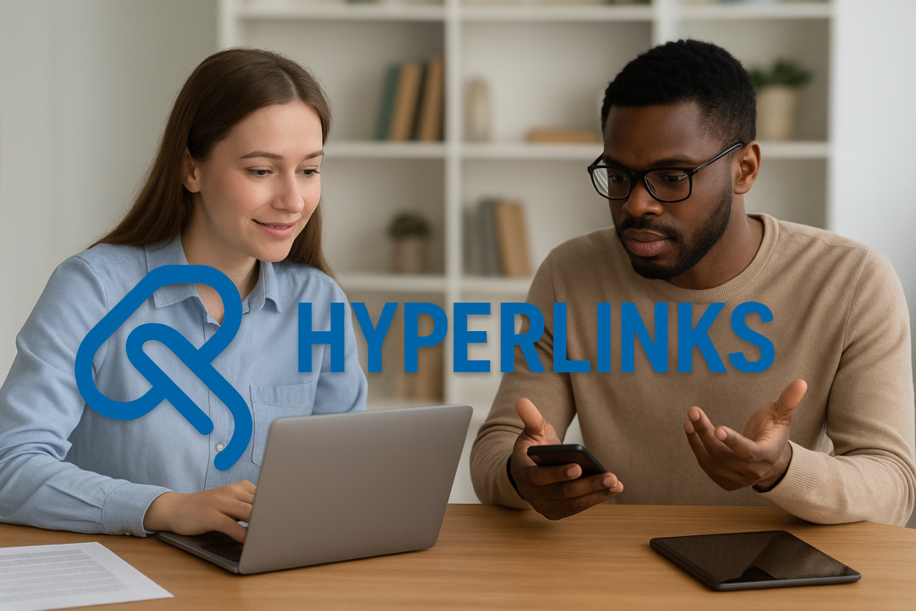 Content writers using hyperlinks in digital media writing while working on a laptop and smartphone in a collaborative workspace