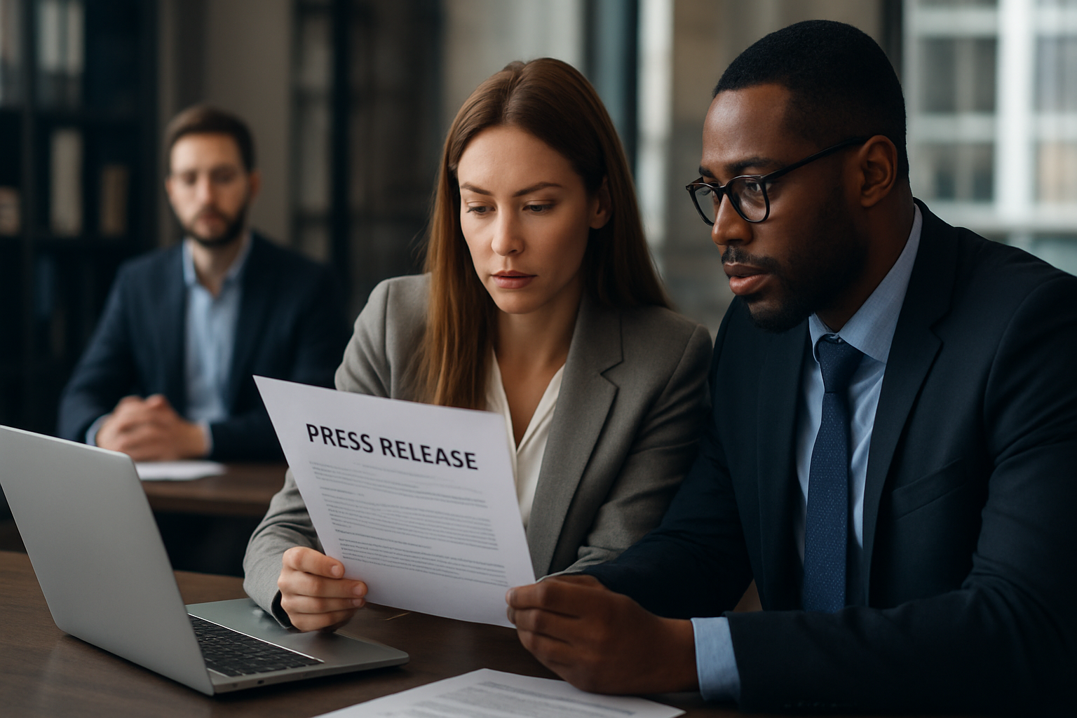 Public relations professionals reviewing a PR writing document together in a modern office while preparing official media communication.