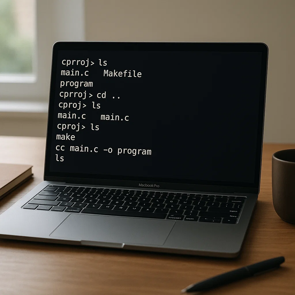 Laptop displaying Unix terminal with C programming commands like ls, cd, and make in a realistic workspace.