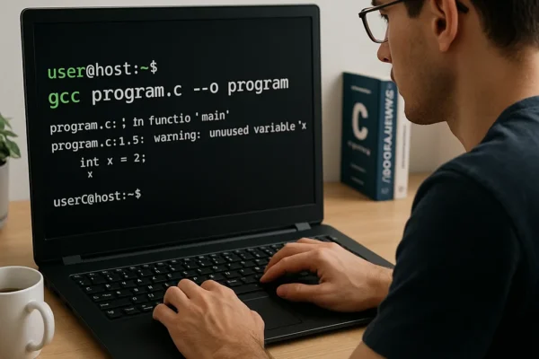 C programmer working in a Unix shell environment, typing a command in the terminal to compile a C program.