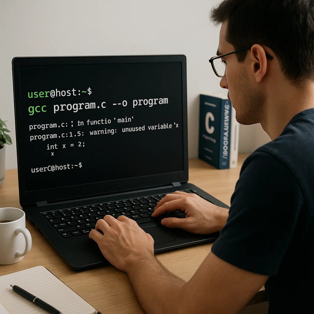 C programmer working in a Unix shell environment, typing a command in the terminal to compile a C program.