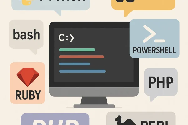 Illustration of an automated workflow showing connected gears, files, and system processes representing how scripting languages automate repetitive tasks