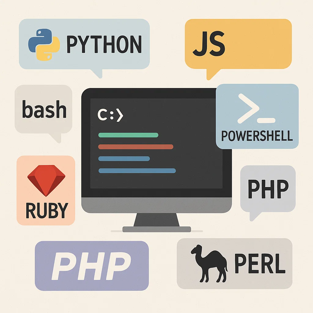 Illustration of an automated workflow showing connected gears, files, and system processes representing how scripting languages automate repetitive tasks