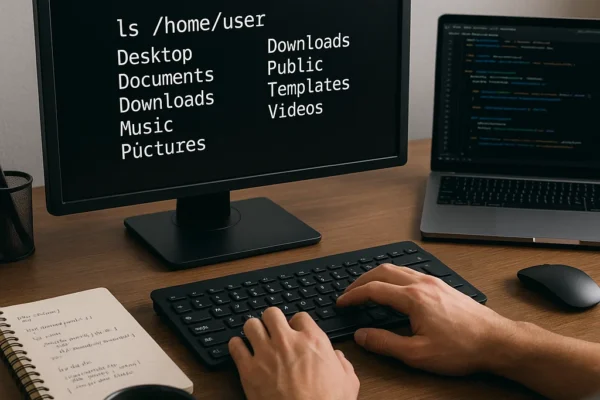 Developer’s workstation showing a Unix terminal displaying a directory listing, with programming tools and notes.