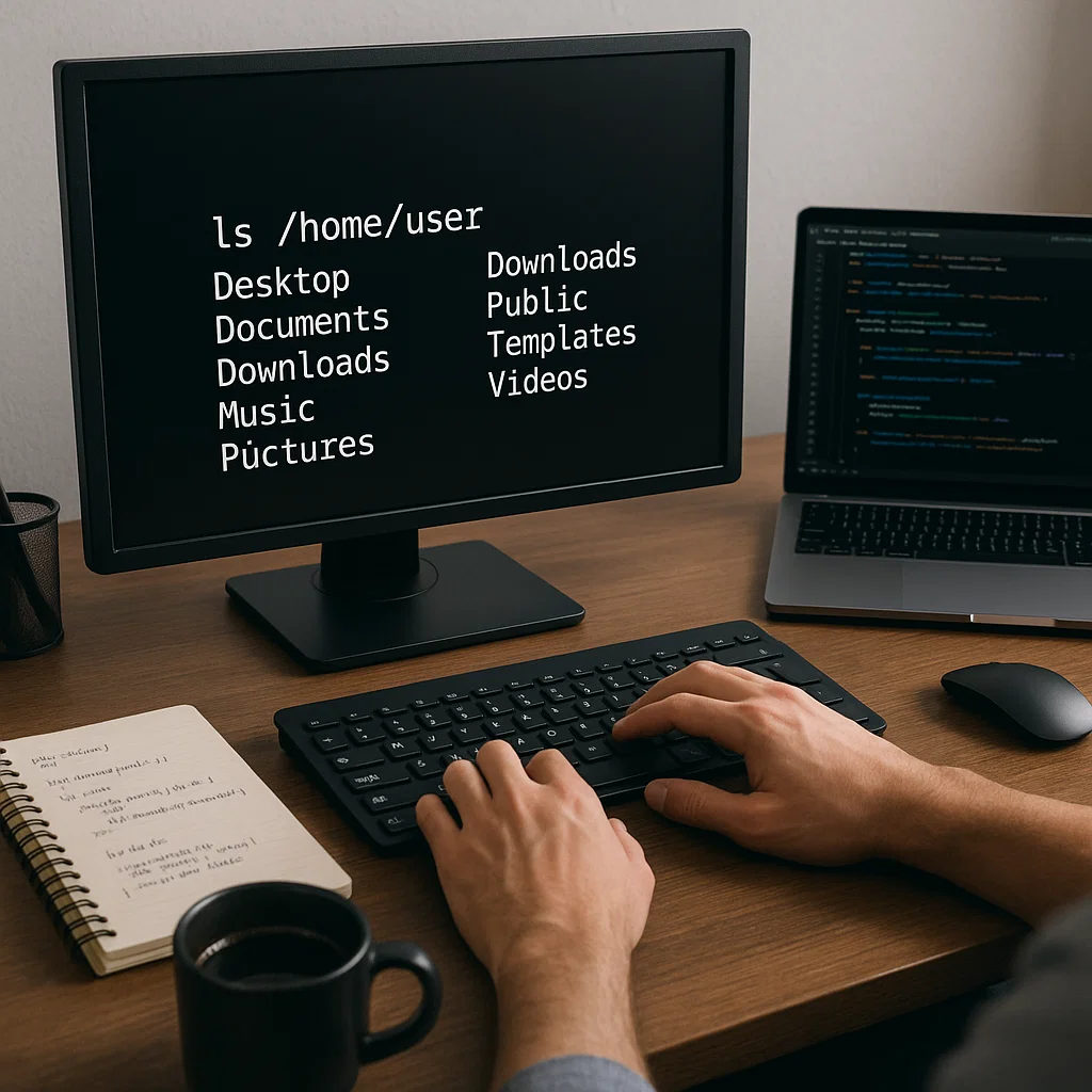 Developer’s workstation showing a Unix terminal displaying a directory listing, with programming tools and notes.