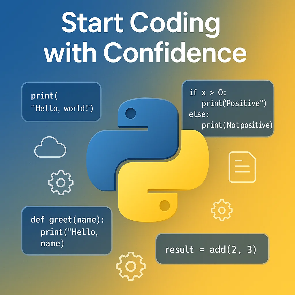 “Hero banner with Python logo, simple code snippets, and automation icons highlighting Python as a beginner-friendly scripting language.”