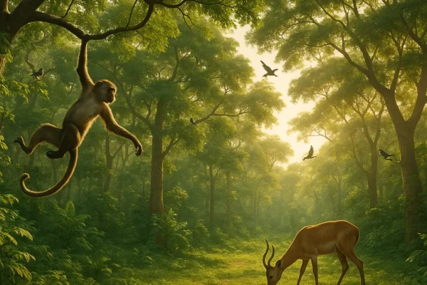 A lush forest scene with a monkey swinging from a branch, an antelope grazing in a clearing, and birds flying through sunlit trees.