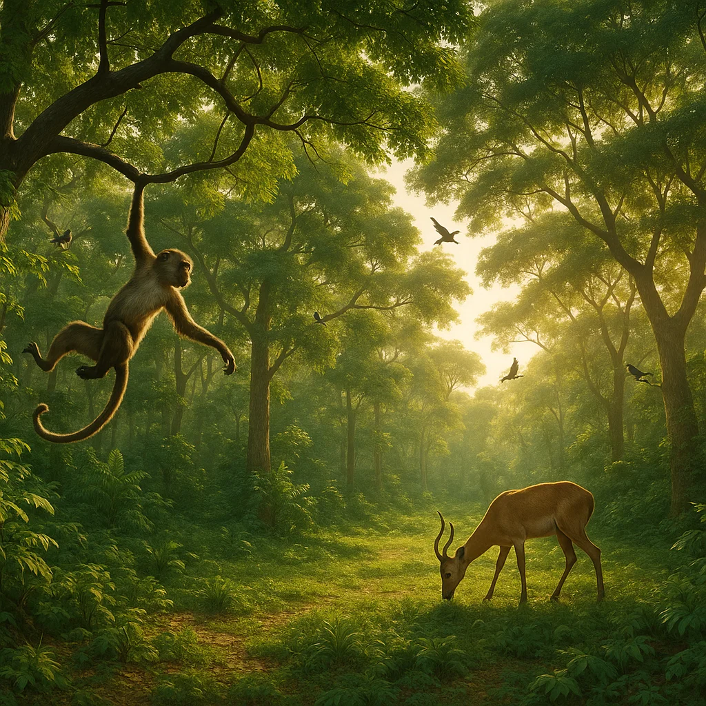 A lush forest scene with a monkey swinging from a branch, an antelope grazing in a clearing, and birds flying through sunlit trees.