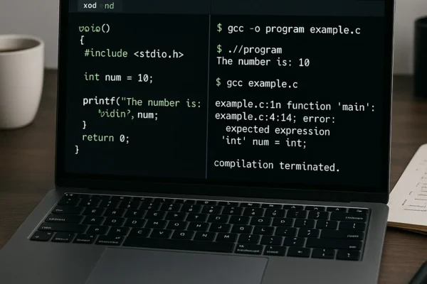 Developer workspace showing GCC commands compiling a C program on a Unix terminal